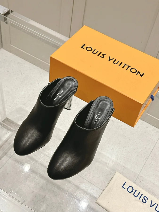 LV Women Black Leather Mules Heels