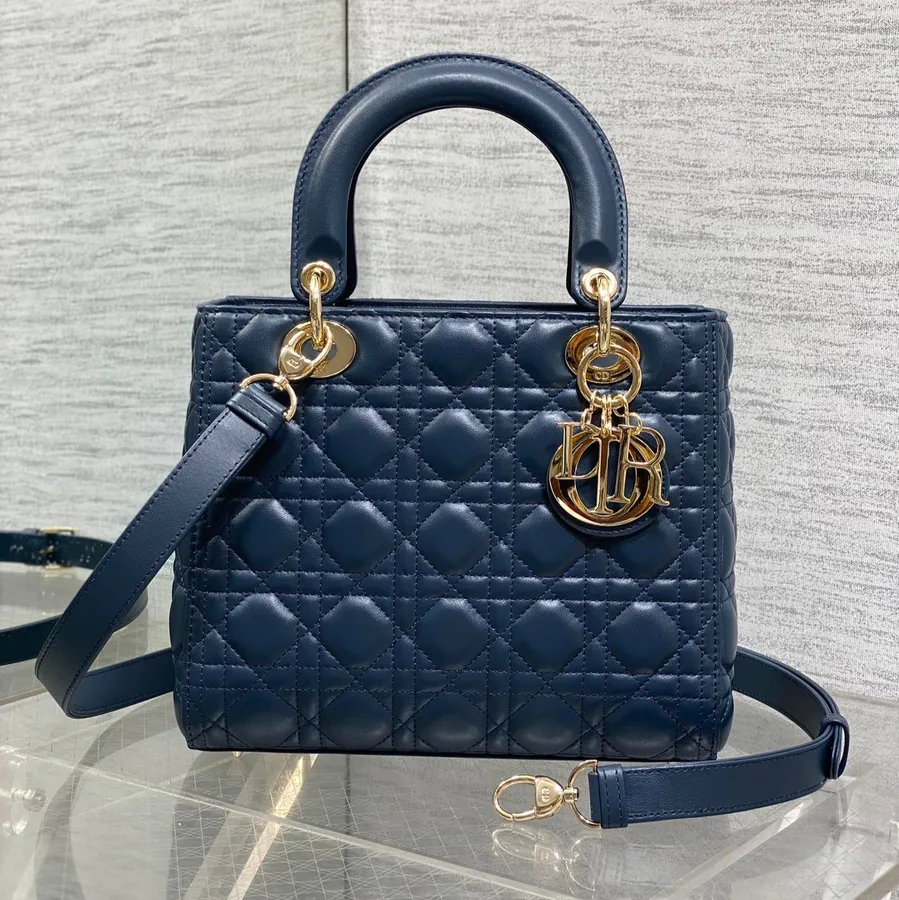 Dior Medium Lady Bag 24 in Deep Ocean Blue Gold Hardware