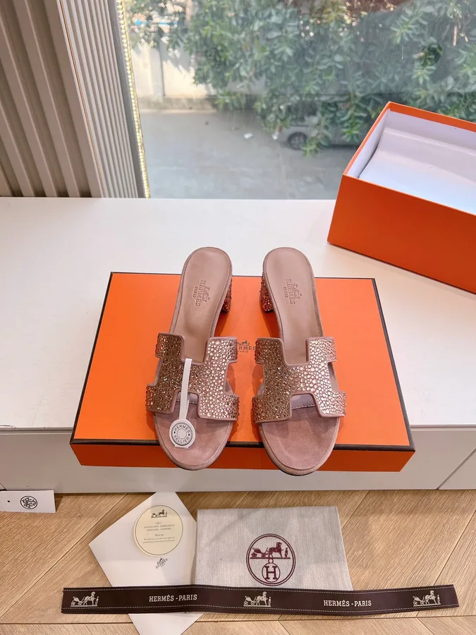 Hermes Women Pink Suede Crystal-Embellished Mules