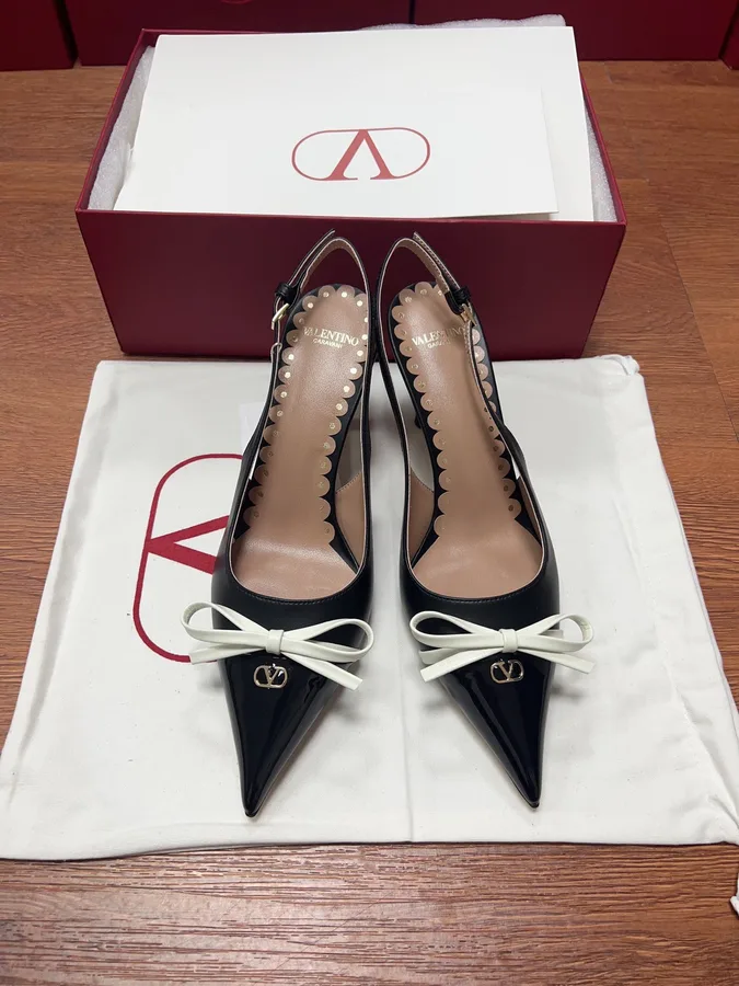 Valentino Women Black Patent Leather Bow Slingback Pumps