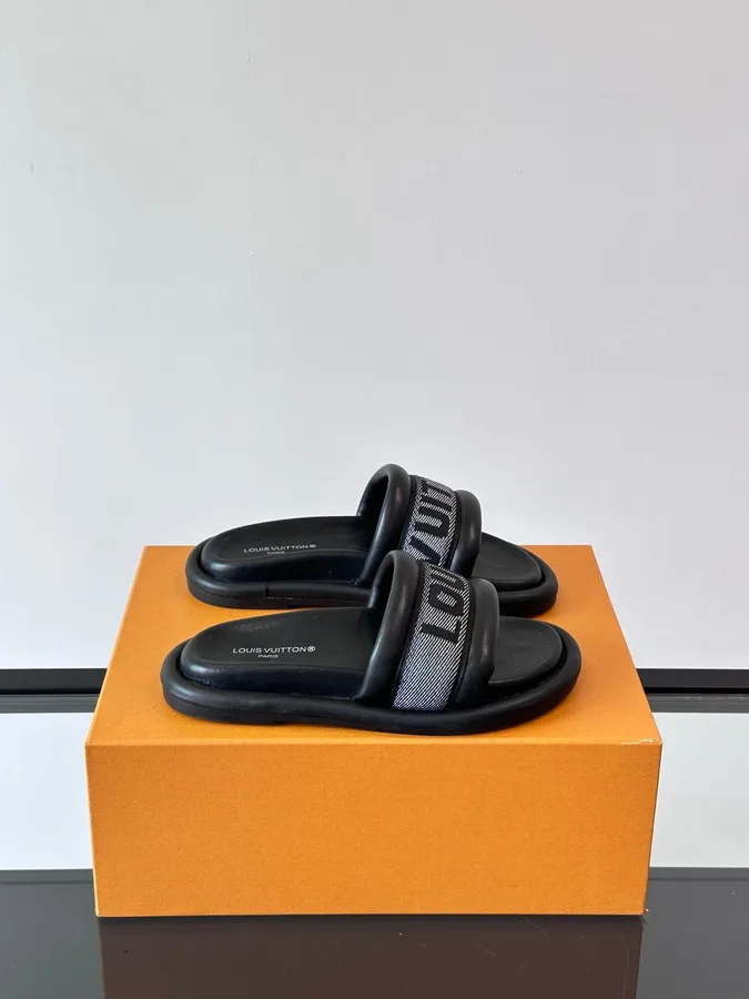 LV Men Black Fabric Strap Slide Sandals