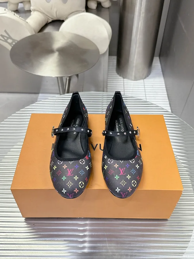 LV Women Black Leather Multicolor Monogram Mary Jane Flats