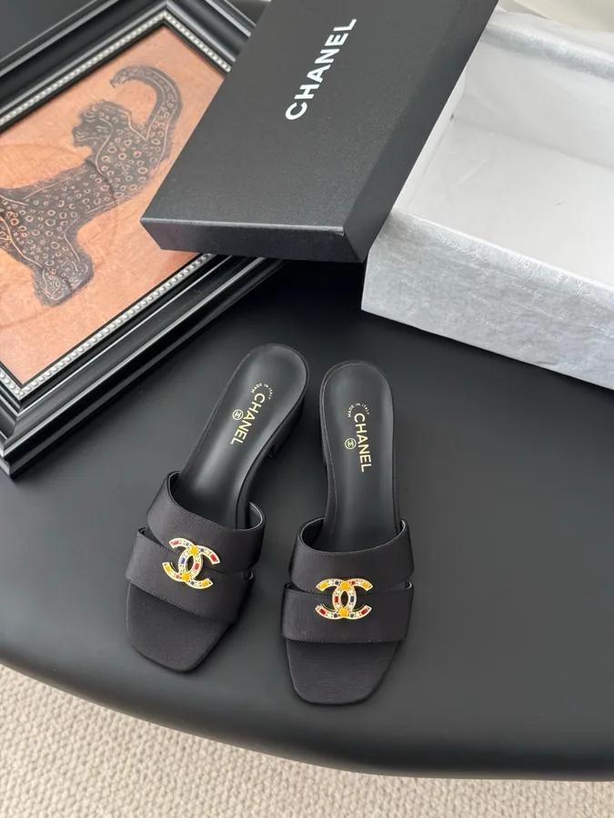 Chanel Women Black Fabric Mules With Embellishment