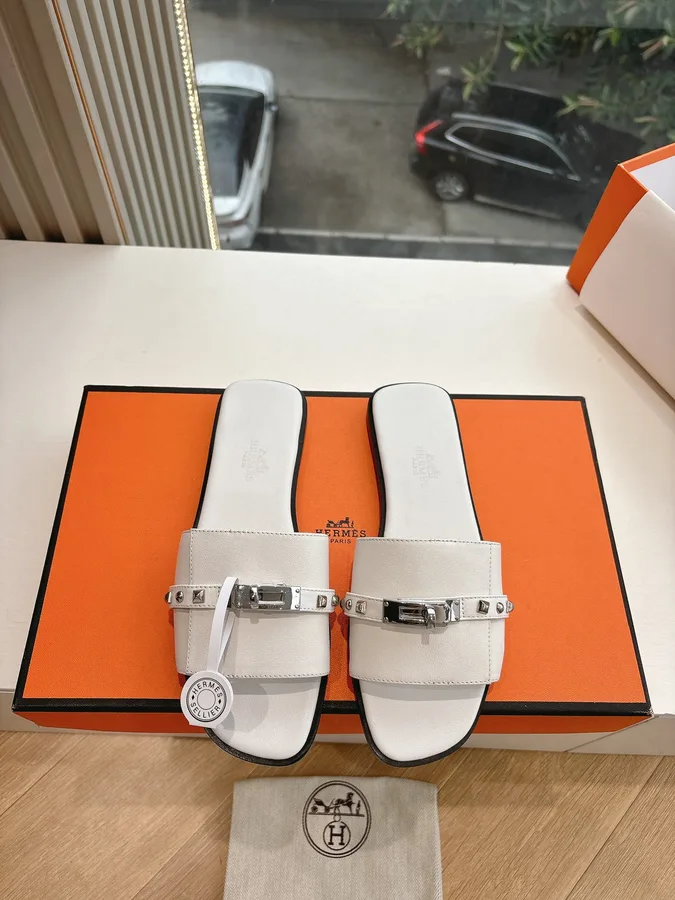 Hermes Women White Leather Slide Sandals