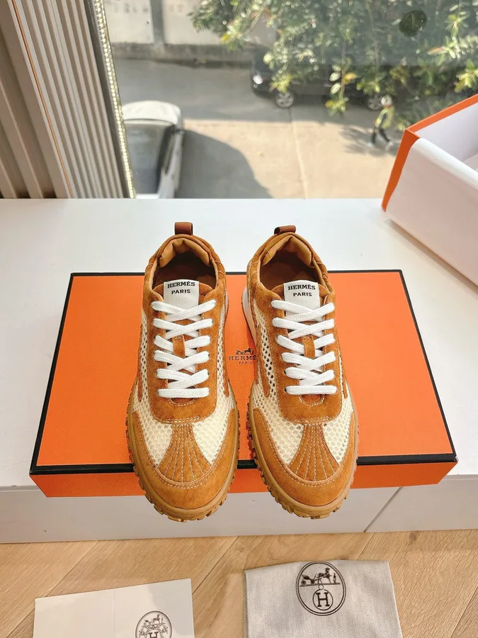 Hermes Women Brown Mesh Suede Sneakers