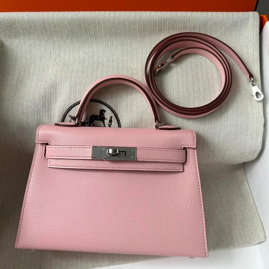 HN Mini Kelly 20 bag in Rose Sakura leather with silver hardware