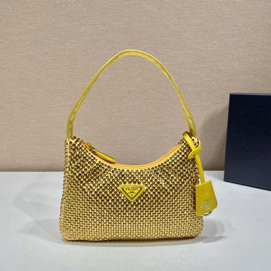 Sparkling Hobo Bag 23 in Yellow Nylon Attached Fully Crystals