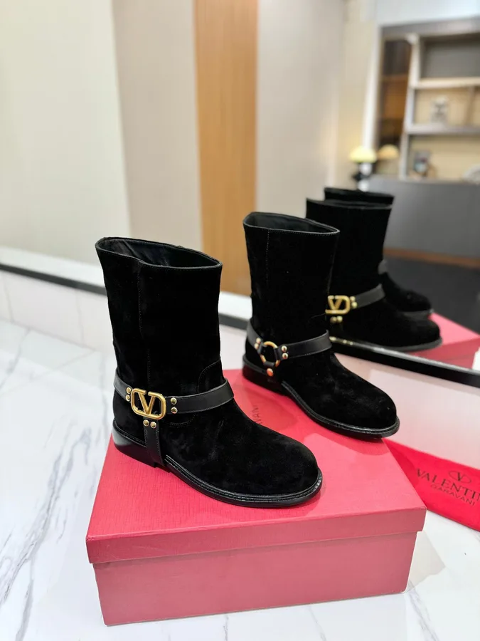 Valentino Women Black Suede Leather Strap Boots