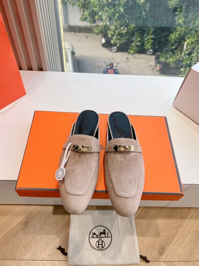 Hermes Women Beige Suede Mules