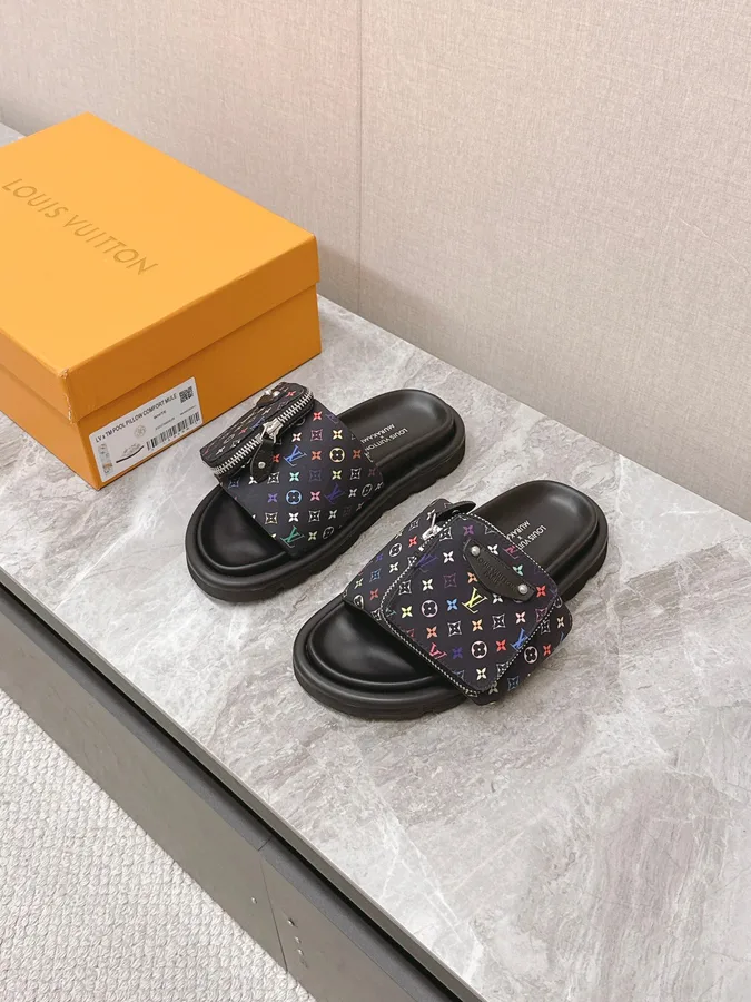 LV Women Black Fabric Adjustable Pocket Mules