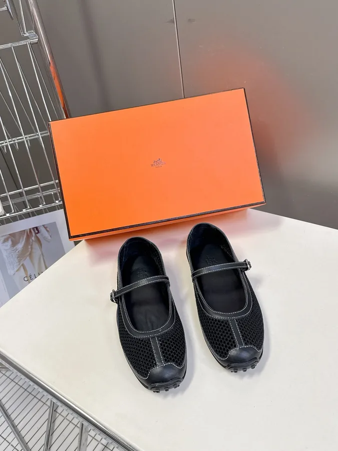 Hermes Women Black Mesh Leather Mary Janes
