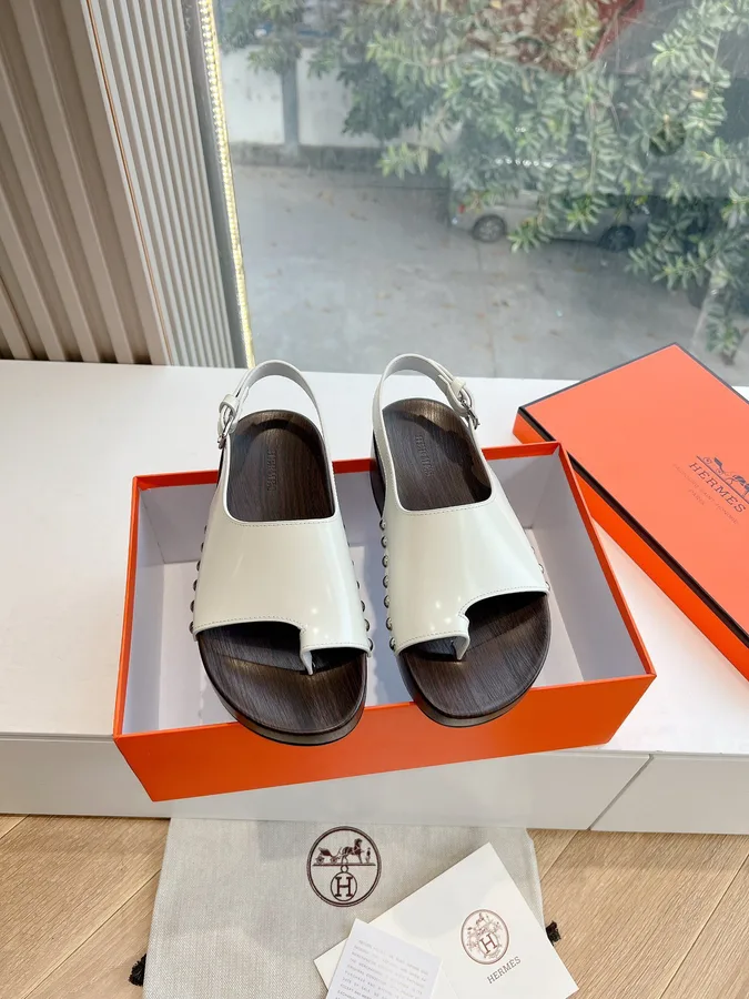Hermes Women White Leather Wooden Sole Sandals