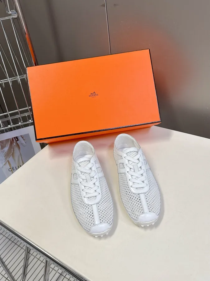 Hermes Women White Mesh Leather Sneakers