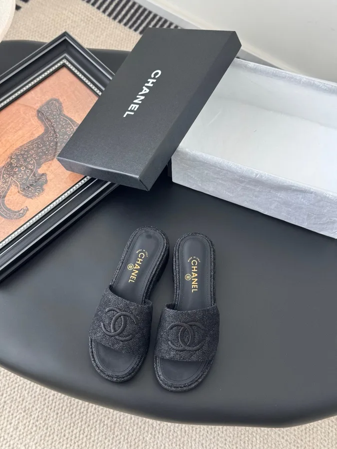 Chanel Women Black Fabric Slide Sandals