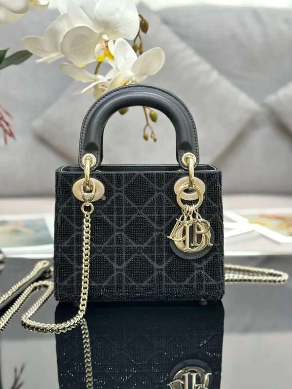 Dior Lady Super Black Beaded Handbag 17x15x7cm