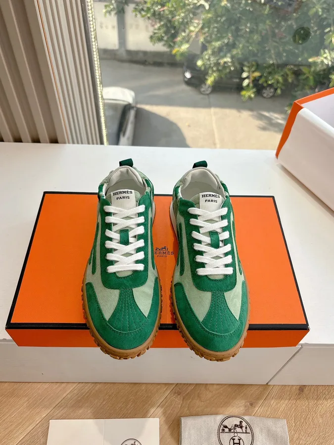 Hermes Women Green Suede Canvas Sneakers