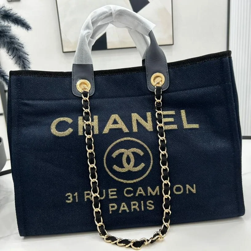 Chanel Deauville Large 38 Tote Bag in Black Canvas with Gold Embroidered Logo