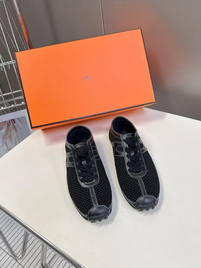 Hermes Women Black Mesh Leather Sneakers