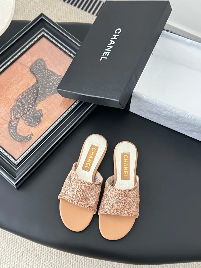 Chanel Women Beige Woven Fabric Slides