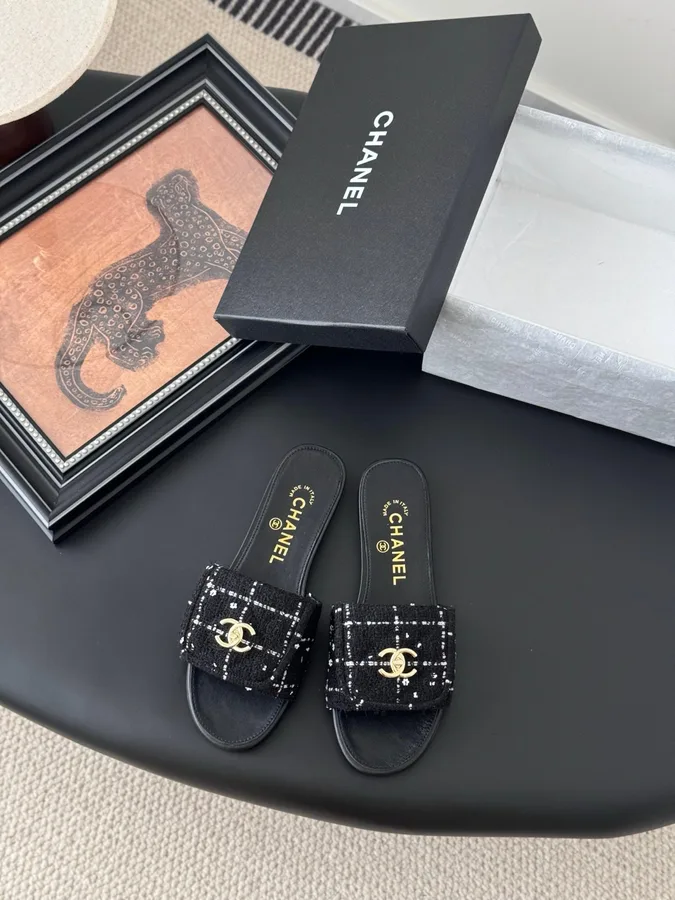 Chanel Women Black Tweed Leather Slides