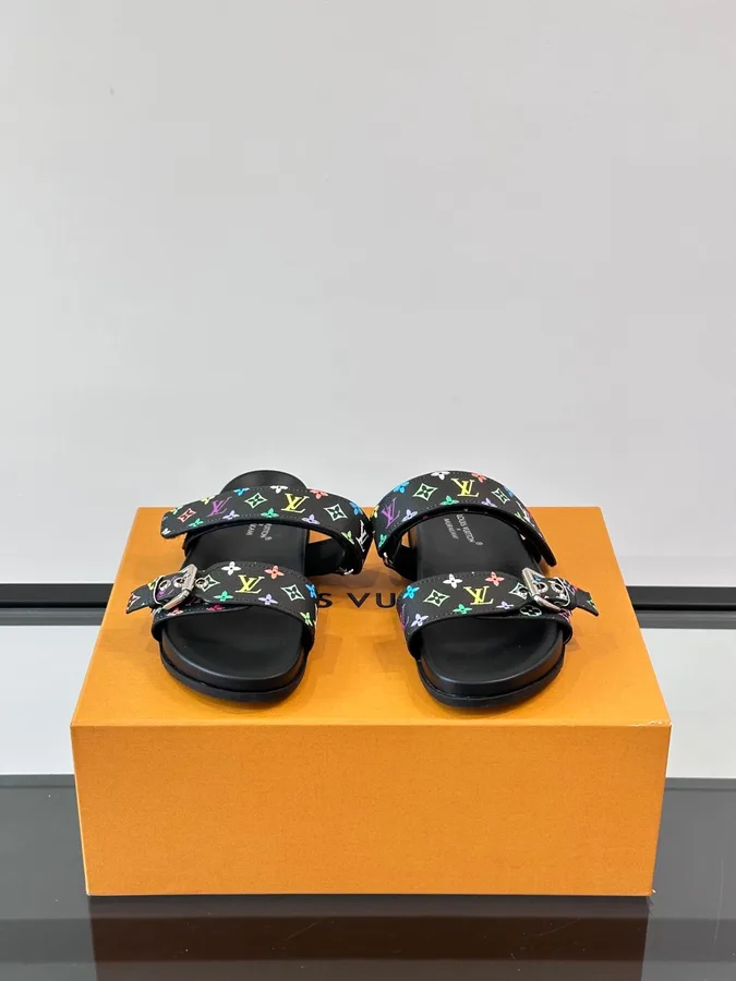 LV Men Black Multicolor Canvas Straps Sandals