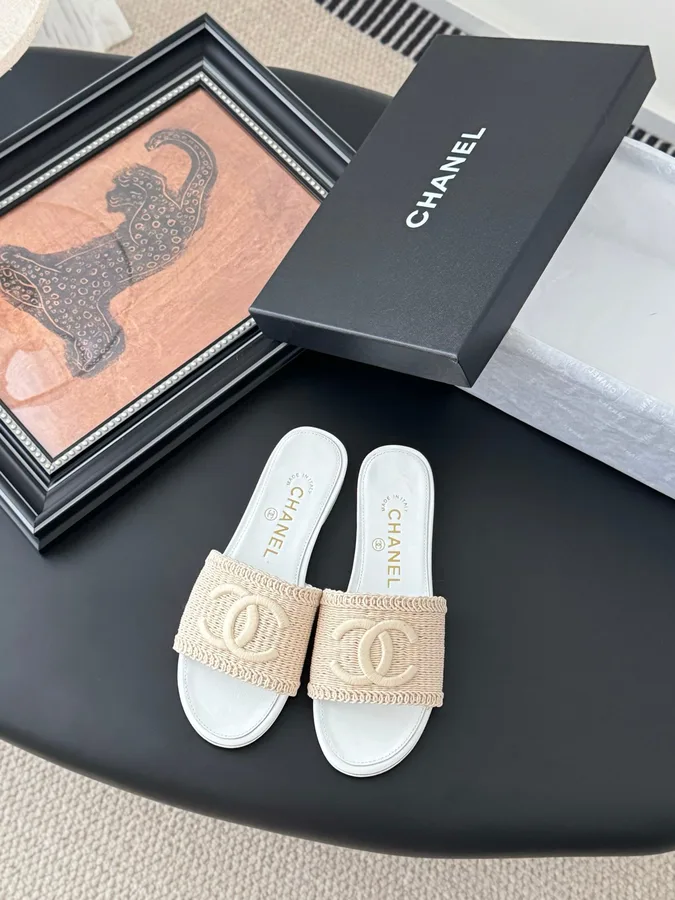 Chanel Women Beige Woven Fabric Slides