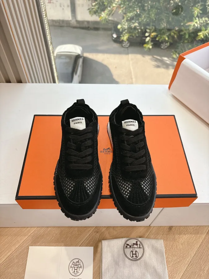 Hermes Women Black Suede Mesh Sneakers