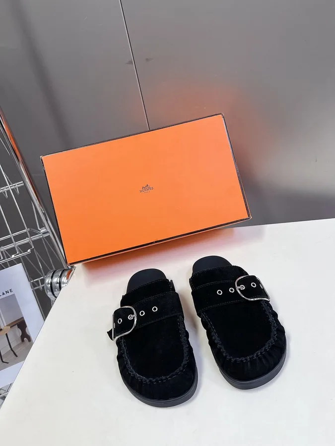 Hermes Women Black Suede Buckle Mules