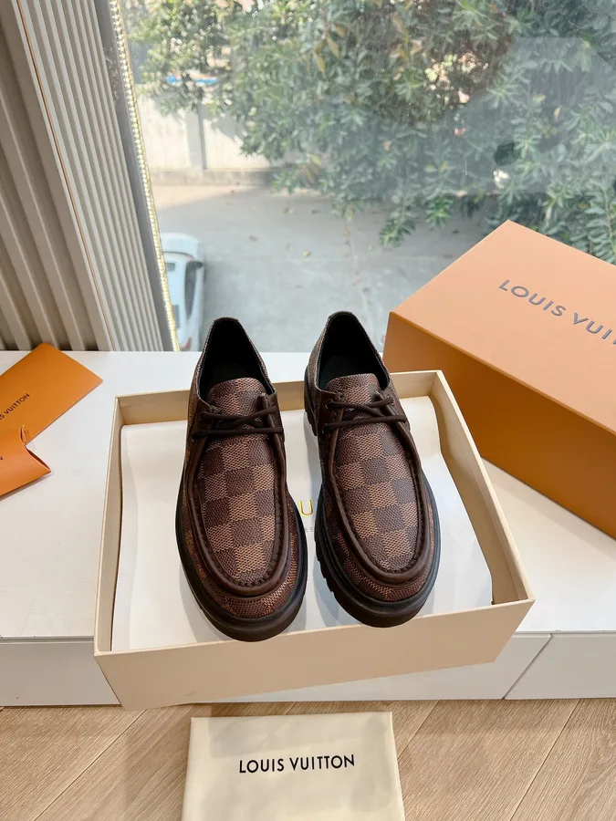 LV Women Brown Checkered Leather Loafers