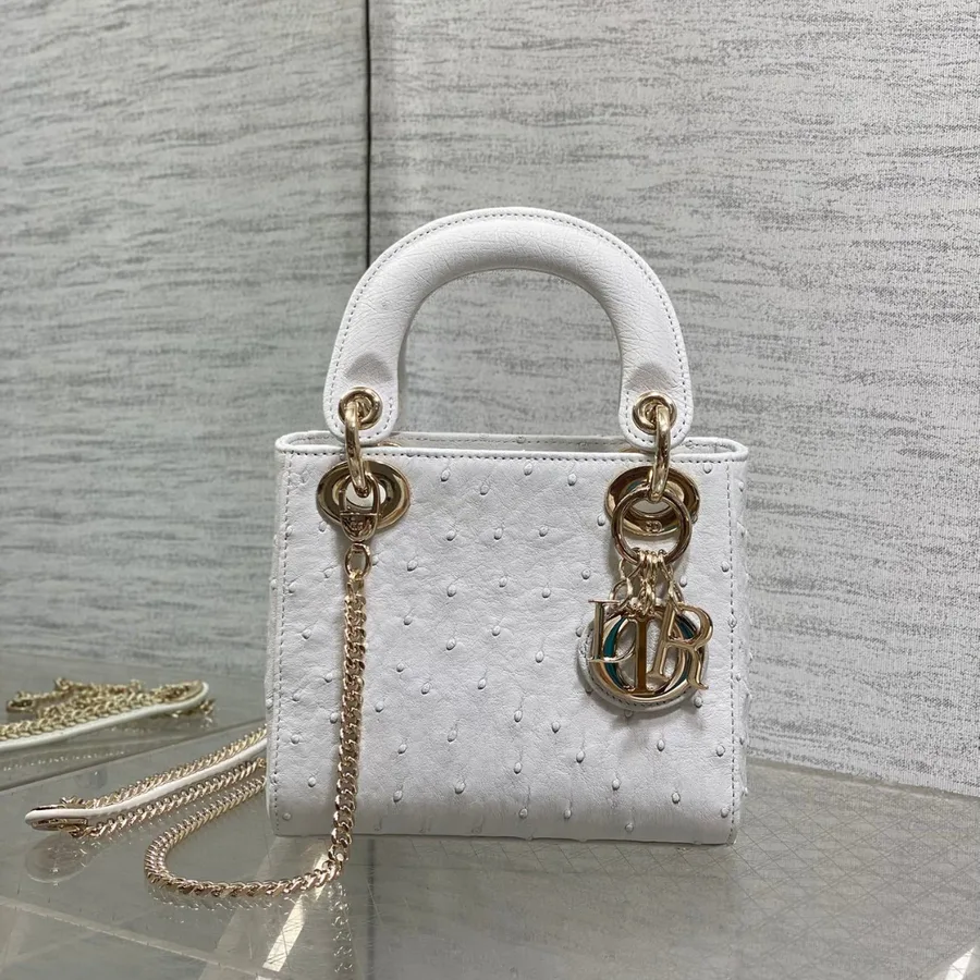 Christian Dior Mini Lady Dior bag in white ostrich leather
