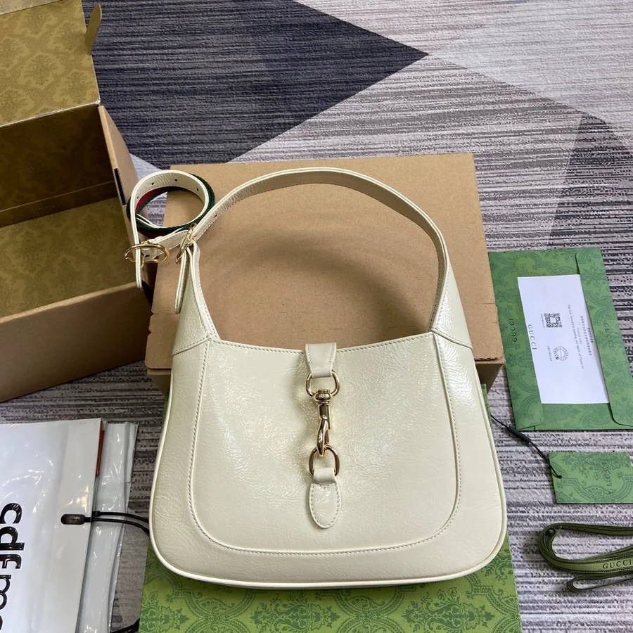 Jackie Small Shoulder Bag 27 in White Cracked Lacquer Calfskin Gold Hardware