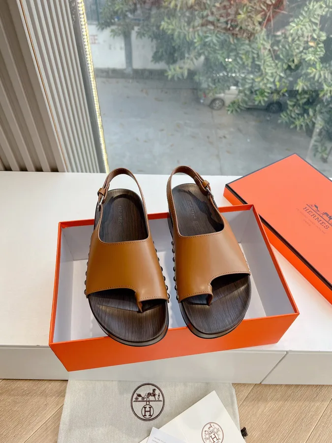 Hermes Women Brown Leather Slingback Sandals