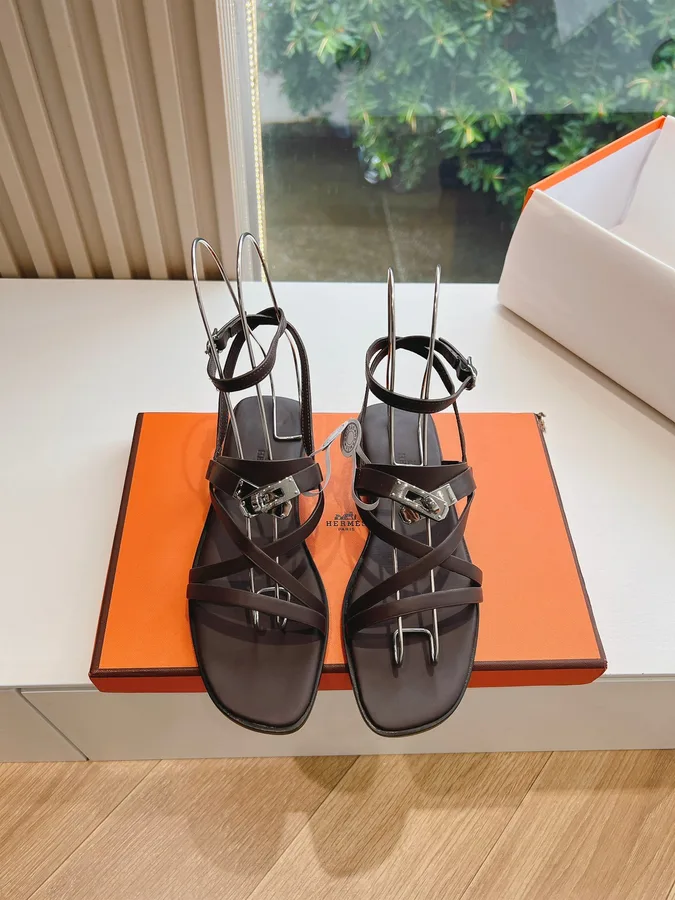 Hermes Women Dark Brown Leather Strappy Sandals