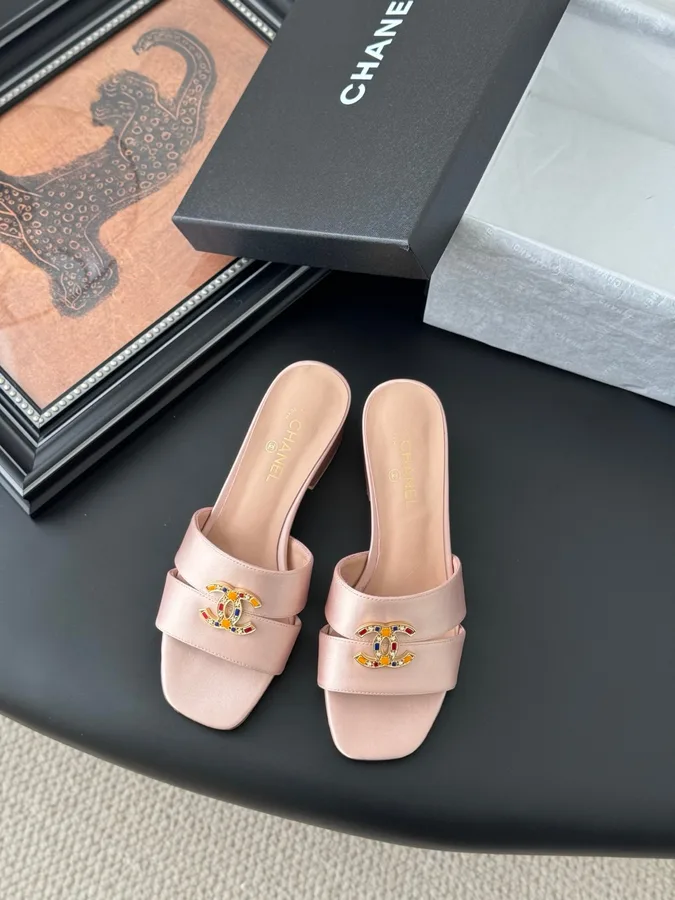 Chanel Women Light Pink Satin Mules