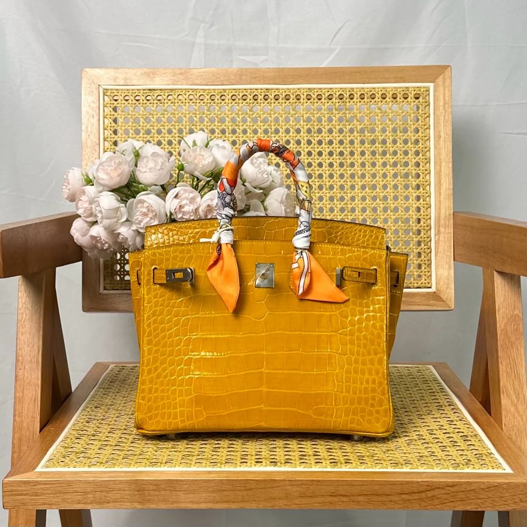 Hermes Birkin 25cm Amber Yellow Crocodile Leather Silver Hardware