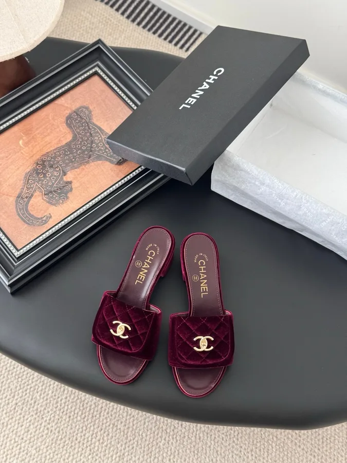 Chanel Women Burgundy Velvet Slides