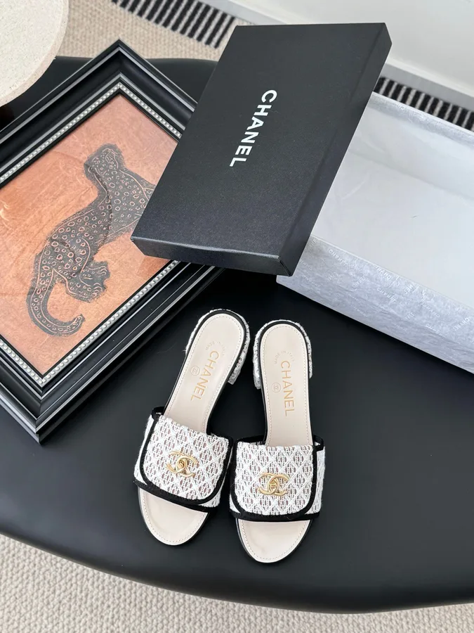 Chanel Women White Fabric Black Trim Slides
