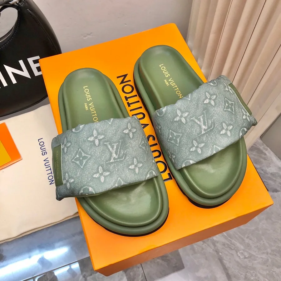 LV Women Green Fabric Strap Rubber Sole Sandals