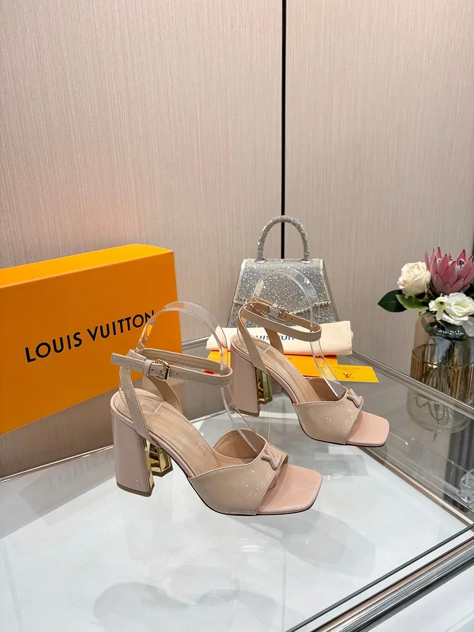 LV Women Nude Patent Leather Block Heels