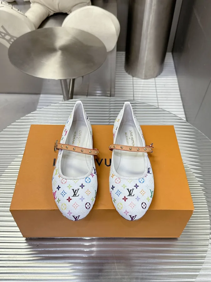 LV Women White Canvas Multicolor Print Leather Strap Flats
