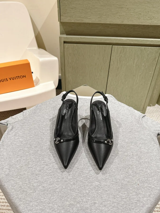 LV Women Black Leather Slingback Heels