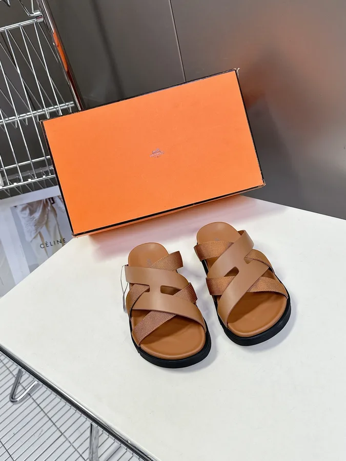 Hermes Women Tan Leather And Fabric Sandals