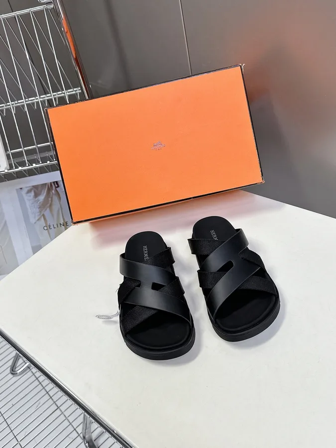 Hermes Women Black Leather And Fabric Sandals