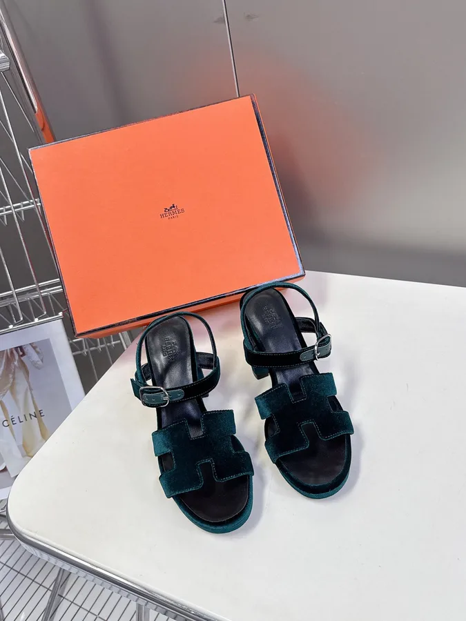 Hermes Women Dark Green Suede Sandals