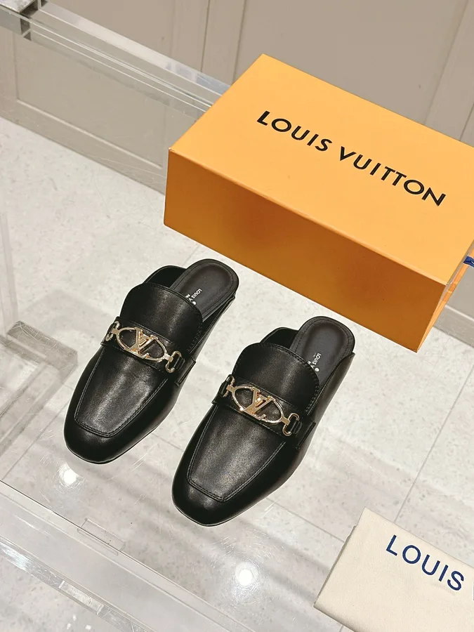 LV Women Black Leather Slip-On Mules