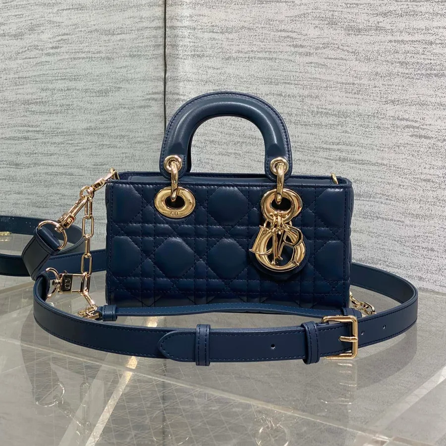 Dior Small Lady D‑joy Bag 19 in Dark Blue Cannage Gold Hardware