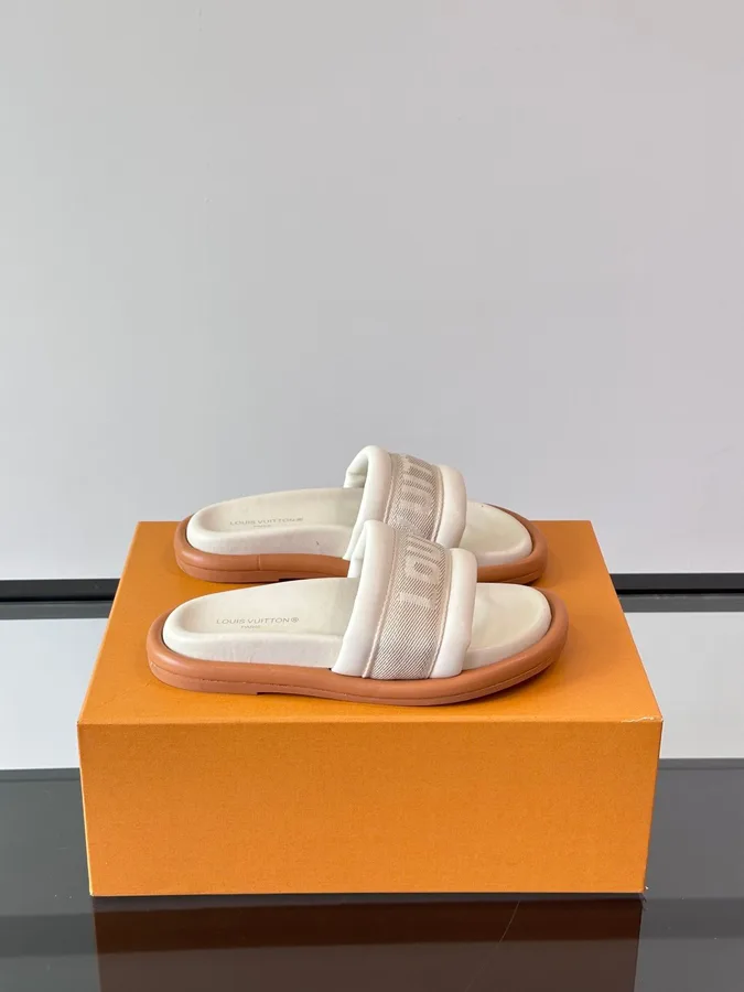 LV Men Beige Fabric Slides With Brown Sole