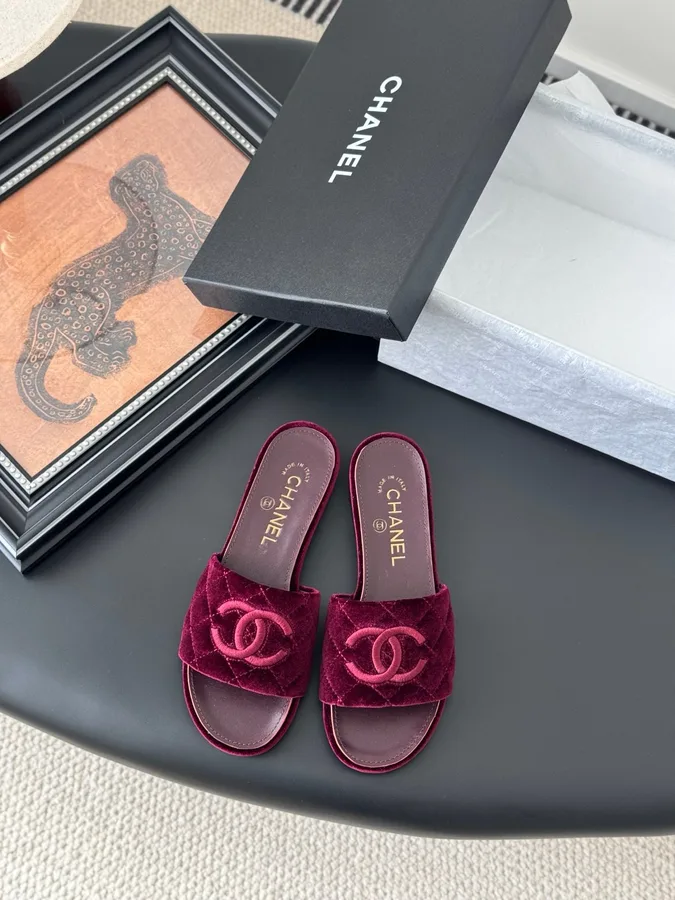 Chanel Women Burgundy Velvet Slides