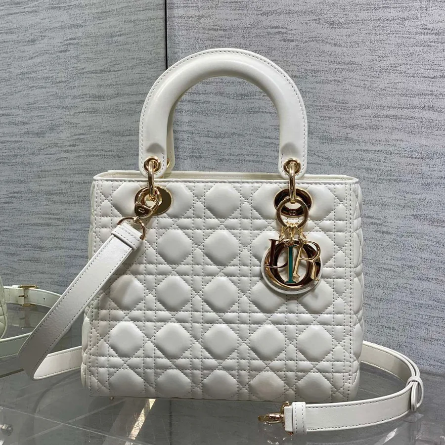 Dior Medium Lady Bag in White Gold Hardware