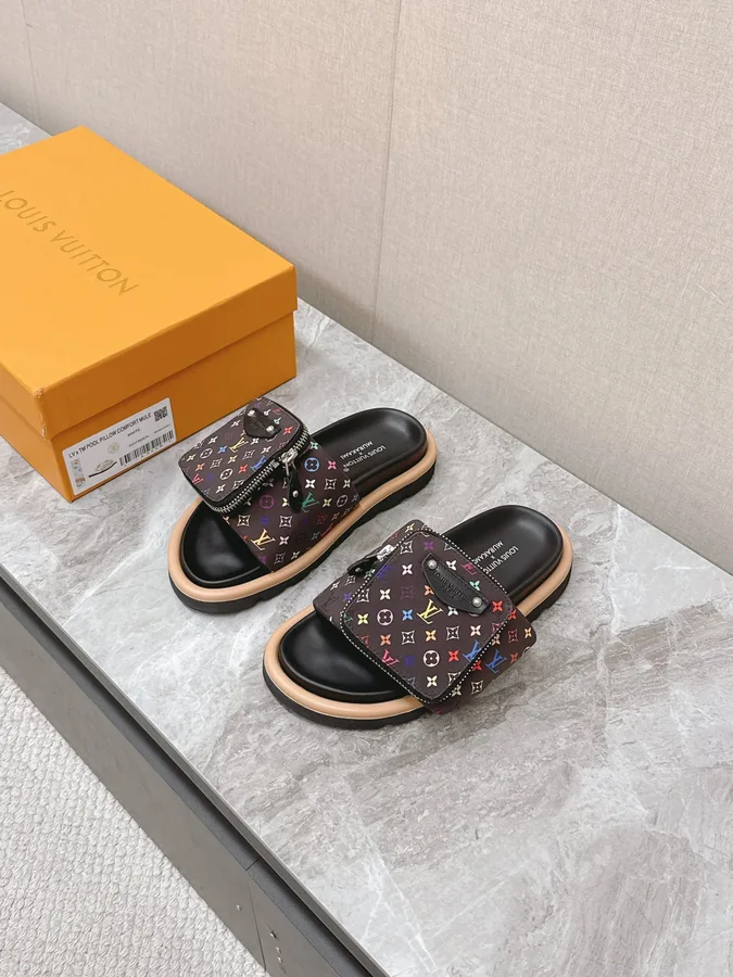 LV Women Black Multicolor Canvas Comfort Mules